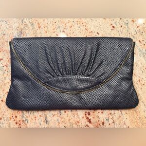 LAUREN MERKIN BLACK SNAKESKIN EMBOSSED LEATHER CLUTCH